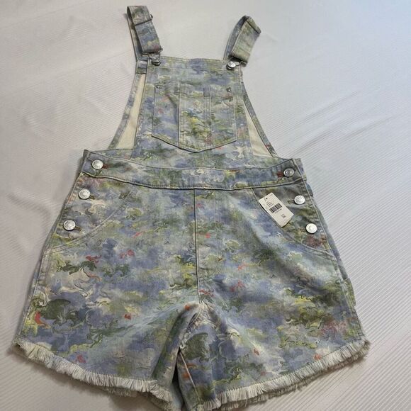 Anthropologie Pilcro Cut-Off Short Overalls Shortalls Floral Watercolor 26 NWT - Picture 1 of 7